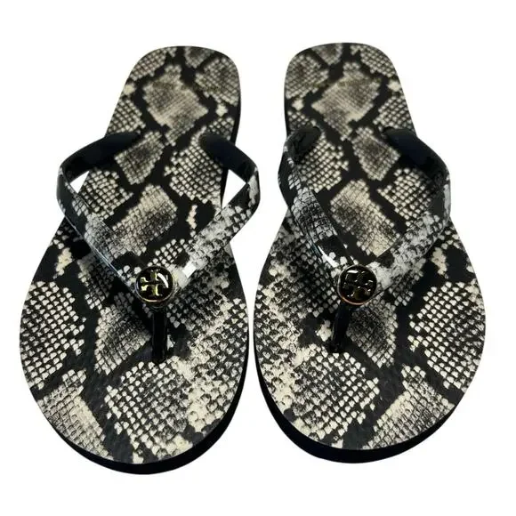 Tory Burch Flip Flops in the Black and White Roccia Snakeskin print. Size 6 - Picture 3 of 9